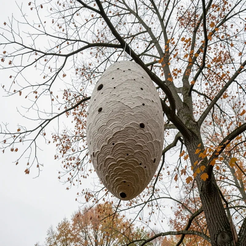 Nid sphérique de frelon asiatique suspendu dans la ramure d&rsquo;un arbre