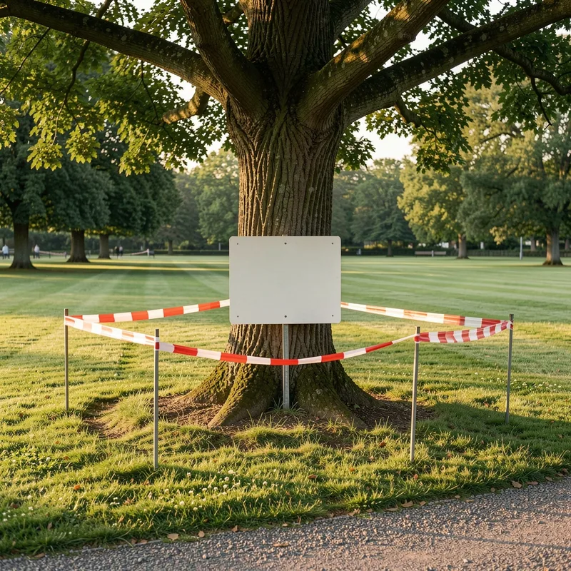Panneau de signalisation d&rsquo;un périmètre de sécurité installé au pied d&rsquo;un arbre