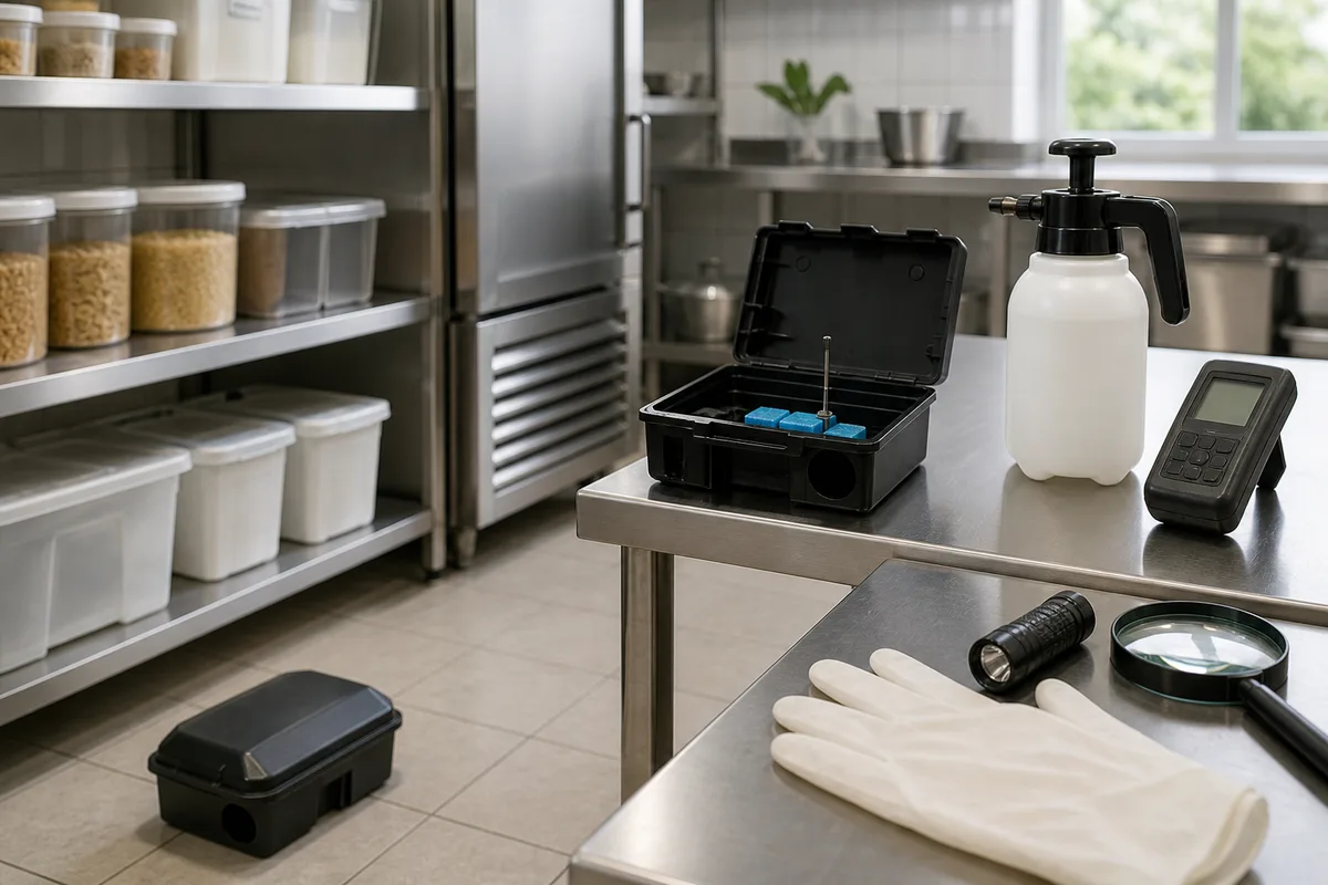 Poste d&rsquo;appâtage, pulvérisateur et détecteur posés sur l&rsquo;établi d&rsquo;un local technique