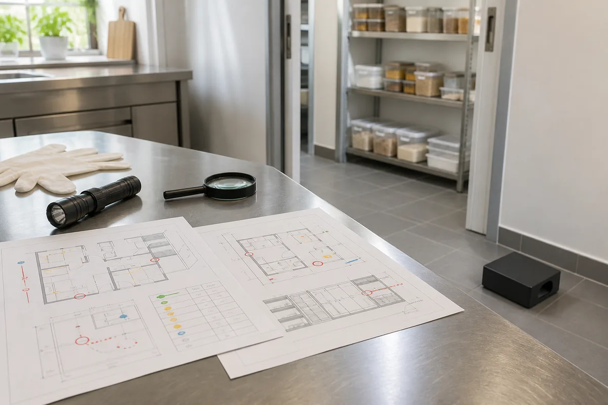 Devis de traitement annoté et plan de pose posés sur une table de cuisine