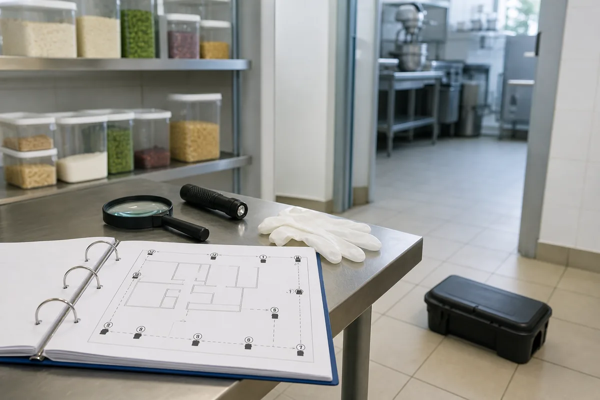 Registre sanitaire ouvert sur un plan de piégeage numéroté dans un office