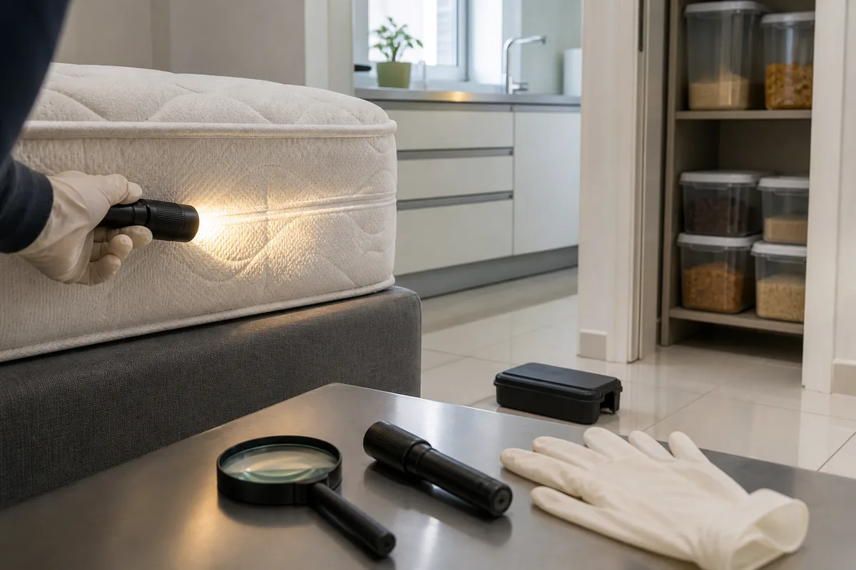 Coutures d&rsquo;un matelas et sommier inspectés à la lampe lors d&rsquo;une recherche d&rsquo;indices