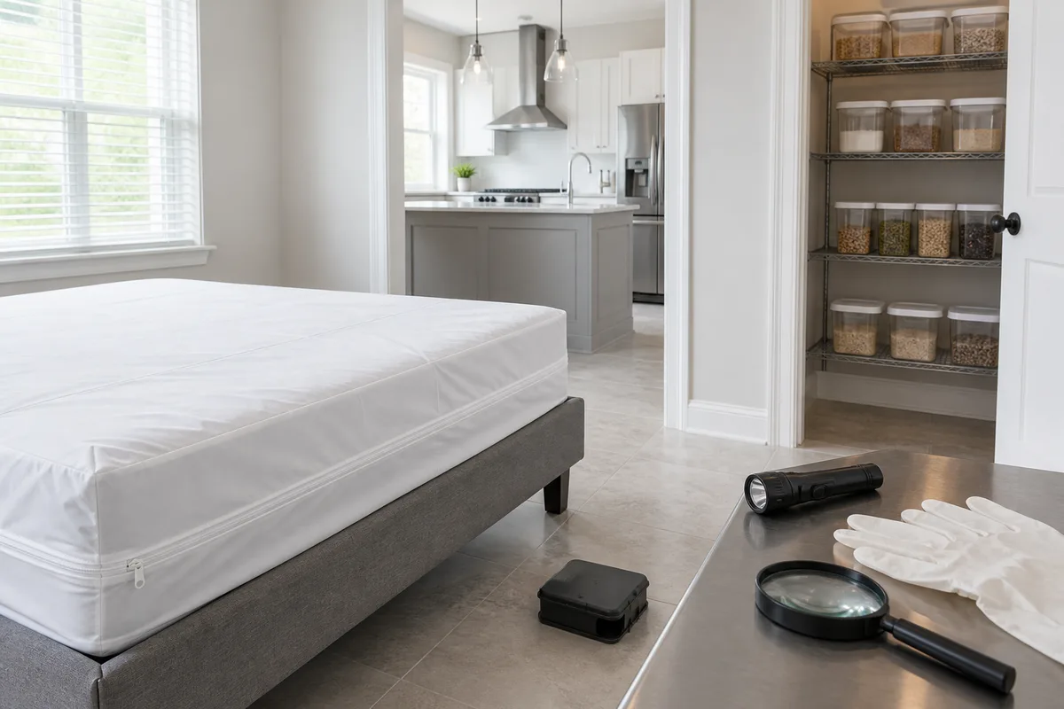 Housse de protection intégrale posée sur un matelas dans une chambre vidée
